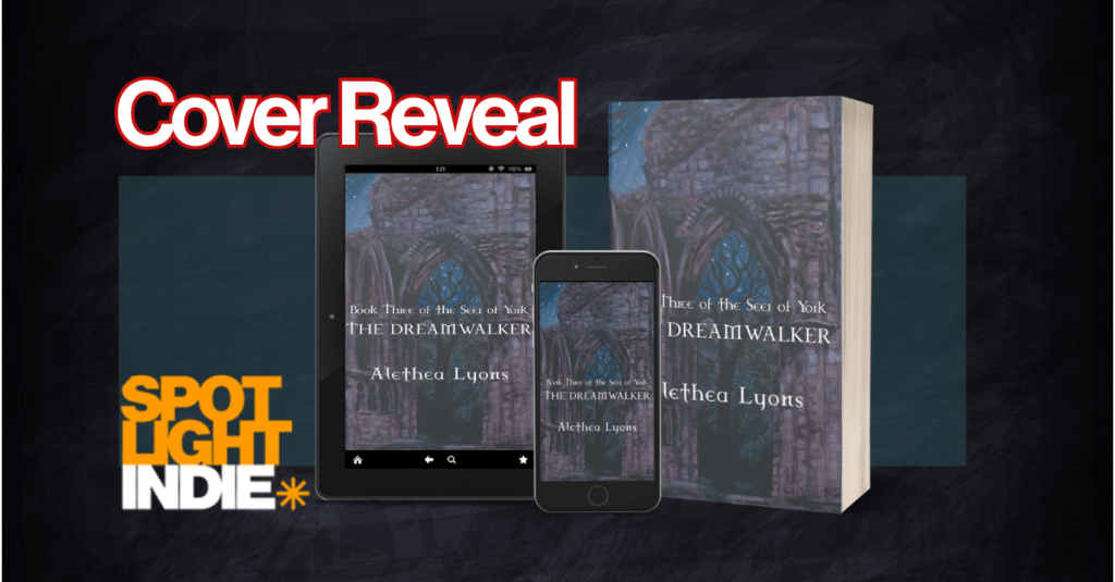 Background image of the ruin of St. Mary’s Abbey York. Oil painting photographed for book cover. The image shows a Gothic arch without a ceiling. It’s a clear starry night. Through the arch, a bare tree is visible with a backdrop of shrubbery made from a tinted map of Yorkshire.